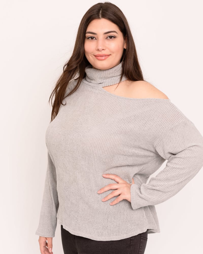 Front of plus size Adela Waffle-Knit Cutout Sweater by Gilli | Dia&Co | dia_product_style_image_id:169528